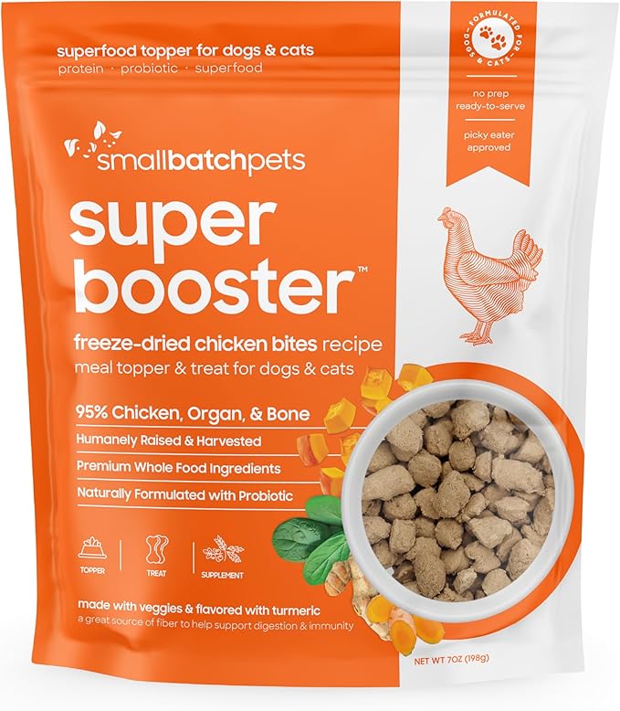 smallbatch Freeze Dried Dog Treats, Superfood Food Topper Chicken Bites for Dogs &amp; Cats, Probiotics, Organic Ingredients, High Protein, Grain Free Healthy Treat Food Topper, Made in The USA, 7 oz Bag