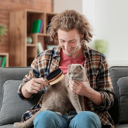 Takavu Double-Sided Boar Bristle Cat Brush - Natural Grooming Tool for Gentle Cleaning, Shine &amp; Reduced Loose Hair - Wood Handle Pet Brush