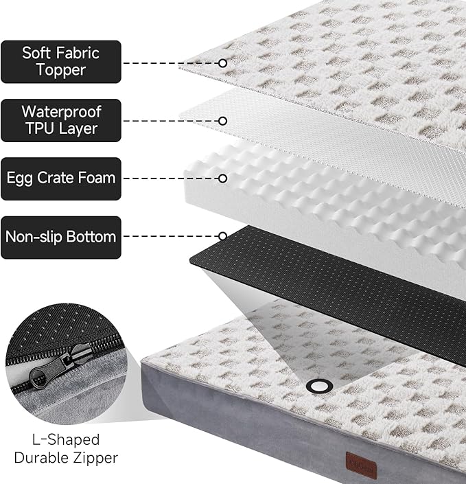OhGeni Orthopedic Waterproof &amp; Machine Washable Dog Bed for Large Pets, Suitable for Crates, 25D Egg Crate Foam, Non-Slip Bottom &amp; Removable Cover, Checkerboard Fabric, 41 Inches(Gray)