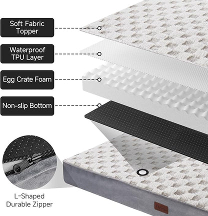 OhGeni Orthopedic Waterproof &amp; Machine Washable Dog Bed for Large Pets, Suitable for Crates, 25D Egg Crate Foam, Non-Slip Bottom &amp; Removable Cover, Checkerboard Fabric, 41 Inches(Gray)