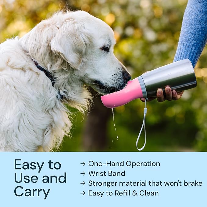 MalsiPree Insulated Dog Water Bottle - 24 Oz, Pink - Leak-Proof Stainless Steel Portable Travel Dispenser &amp; Bowl
