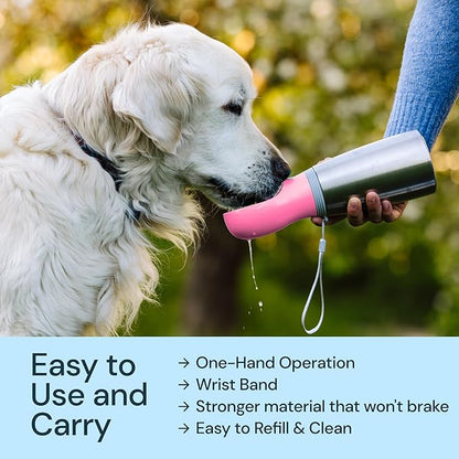 MalsiPree Insulated Dog Water Bottle - 24 Oz, Pink - Leak-Proof Stainless Steel Portable Travel Dispenser &amp; Bowl