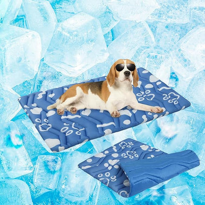 BEAUTYZOO Dog Cooling Mat- Upgraded Thicken Cooling Mat for Large Dogs Reversible(Cool &amp; Warm) Pet Ice Cool Bed Washable &amp; Portable, Summer Crate Pad for Big Dog Puppy Up to 44 lbs, Paw Blue 36X23IN