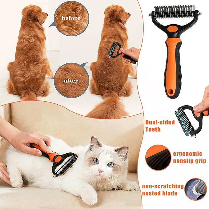 Cat Grooming Brush Kit 6 Tools - Deshedding &amp; Dematting for Long/Short Hair, Self-Cleaning Slicker Brush with 6-in-1 Flea Comb for Cats &amp; Kittens (Orange)