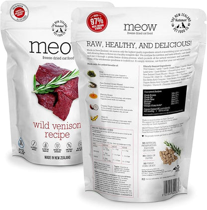 Meow Freeze Dried Cat Food - Wild Venison Recipe, High Protein Treats, Meals &amp; Toppers, Dry Cat Food, 9.9 oz