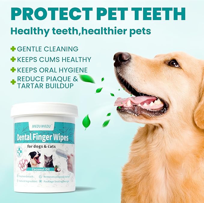 Dental Care Finger Wipes 60 Counts,Teeth Cleaning Finger Wipes for Dogs &amp; Cats,Reduces Plaque &amp; Freshens Breath, Small Animal Stain Removers, Mint Scent
