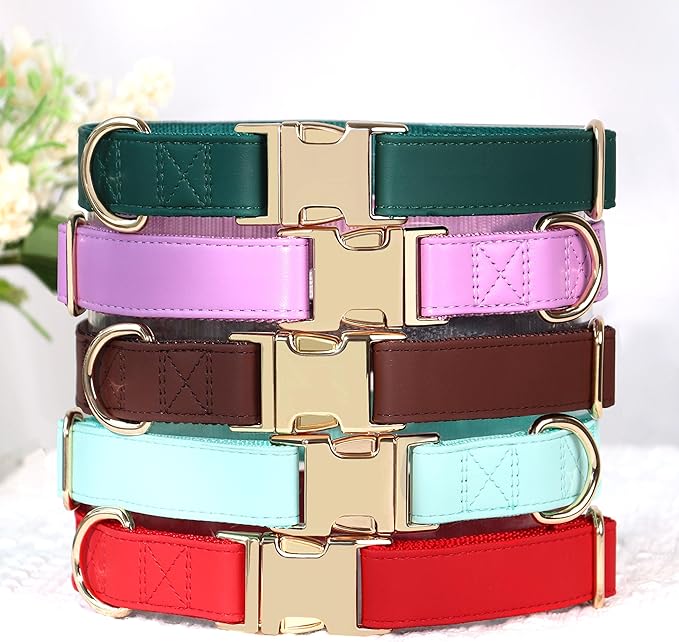 PET ARTIST Soft PU Leather Dog Collar, Bright Color &amp; Durable Dog Collar Leather with Rose Gold Quick Release Metal Buckle, Adjustable Nylon Padded Pet Collars for Medium Dogs, Neck Fit 13-19"