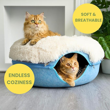 CATTASAURUS Peekaboo Cat Cave for Multiple &amp; Large Cats Up to 30-45 Lbs, Fluffy Cat Beds for Indoor Cats, Scratch Detachable &amp; Washable Tunnel Bed, Comfy Donut Cat Cave (Blue, Large (Calming))
