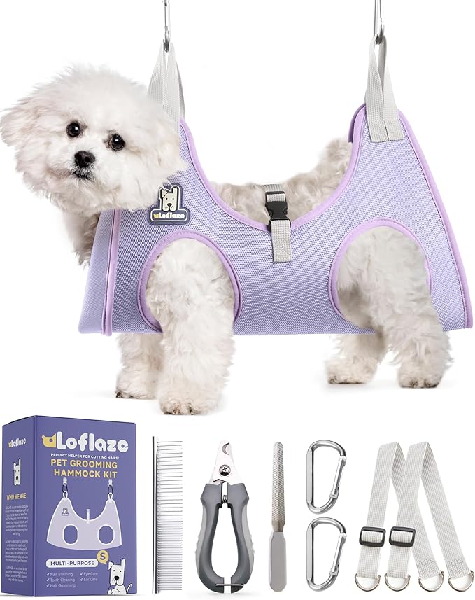 Dog Grooming Hammock Harness for Dogs &amp; Cats with Pet Nail Clipper Trimmer - Cat Hanger Sling for Trimming Clipping Nails- Dog Hammock Restraint Bag for Small Medium Large pet （ Purple S）