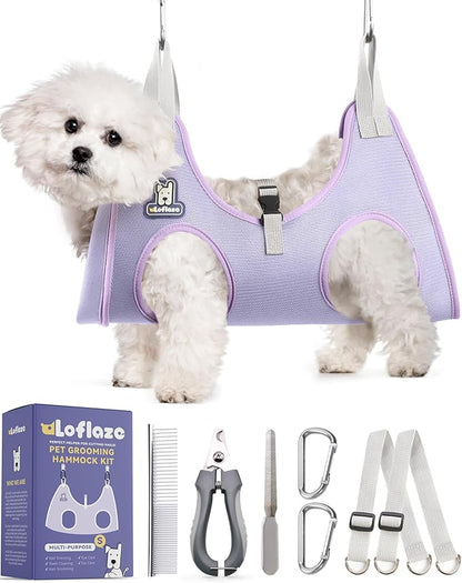 Dog Grooming Hammock Harness for Dogs &amp; Cats with Pet Nail Clipper Trimmer - Cat Hanger Sling for Trimming Clipping Nails- Dog Hammock Restraint Bag for Small Medium Large pet （ Purple S）