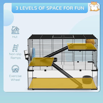 PawHut Large Hamster Cage with Deep Tempered Glass Bottom, 3 Tiers Hamster Tank with Running Wheel, Hut, Water Bottle, Dish, Rat Cage for Syrian, Dwarf, Gerbils, Mouse, 31" x 19" x 21.5", Black
