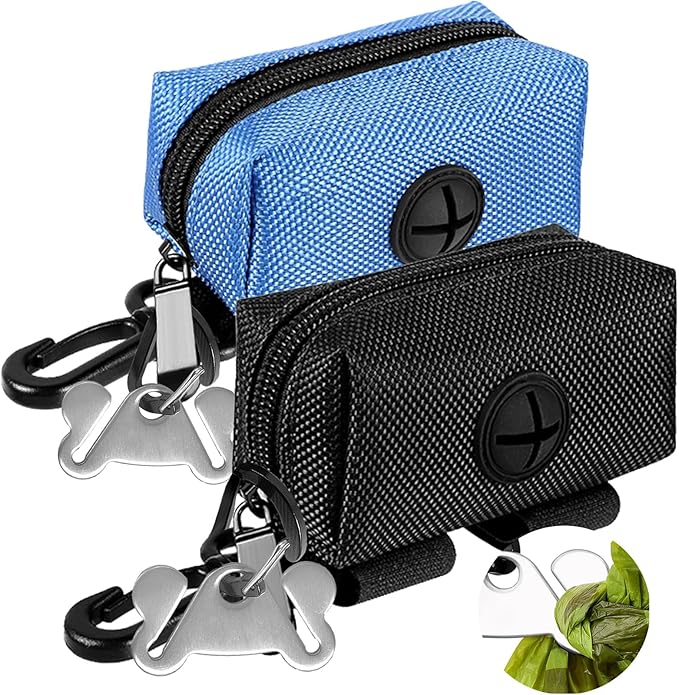Dog Waste Bag Dispenser Pet Poop Bags Holder for Doggie Waste Bags Dispensers Soft Fabric Zipper Small Doggy Puppy Pouch for Leash Accessory Attachment with Carrier,2PCS Blue&amp;Black