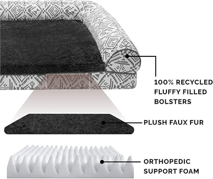 Furhaven Orthopedic Dog Bed for Large/Medium Dogs w/ Removable Bolsters &amp; Washable Cover, For Dogs Up to 55 lbs - Plush &amp; Southwest Kilim Woven Decor Sofa - Boulder Gray, Large