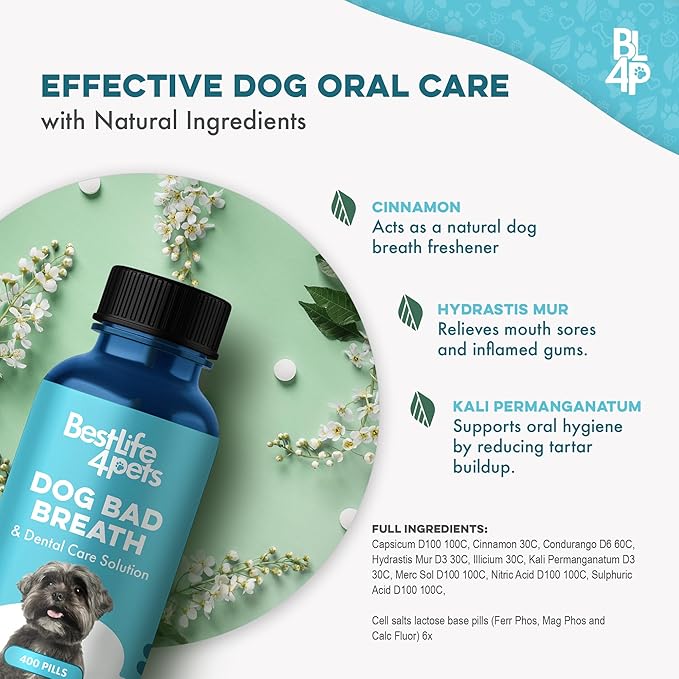 Dog Bad Breath Treatment &amp; Dog Dental Care Solution, Natural Supplement for Canine Oral Health, Canine Tooth Pain Relief, Plaque Control, Gum Disease, Gingivitis, 400 Odorless, Tasteless Pills