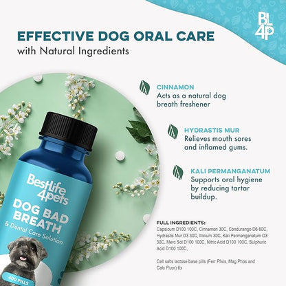 Dog Bad Breath Treatment &amp; Dog Dental Care Solution, Natural Supplement for Canine Oral Health, Canine Tooth Pain Relief, Plaque Control, Gum Disease, Gingivitis, 400 Odorless, Tasteless Pills