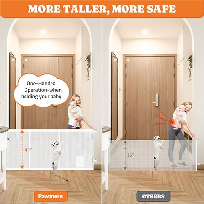 Pawtners Retractable Baby Gates Extra Wide, 41" Tall Extends up to 120" Wide, Dog Gate Indoor with Cat Door for Stairs, Pet Gate with Support Rods for Doorways Hallways Indoor &amp; Outdoor-White