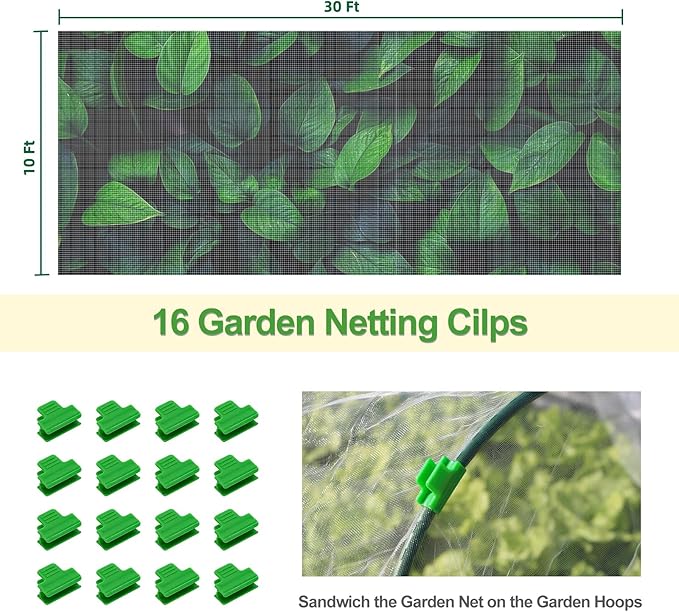 Garden Netting Mesh, 10X30 FT Garden Netting with 16 Cilps &amp; Ultra Fine Mesh Net Bird Barrier Protection for Garden Vegetables Flowers Shrubs Fruit Trees Indoors &amp; Outdoors Plant Beds Greenhouse