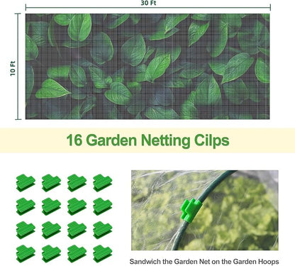 Garden Netting Mesh, 10X30 FT Garden Netting with 16 Cilps &amp; Ultra Fine Mesh Net Bird Barrier Protection for Garden Vegetables Flowers Shrubs Fruit Trees Indoors &amp; Outdoors Plant Beds Greenhouse
