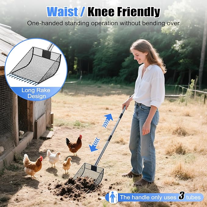 CAROD Chicken Poop Scooper &amp; Rake 2-in-1, Metal Chicken Coop Scoop for Poop with 24 to 68" Adjustable Stainless Steel Handle, Litter Scooper Sand Sifting Shovel Chicken Coops/Animals House