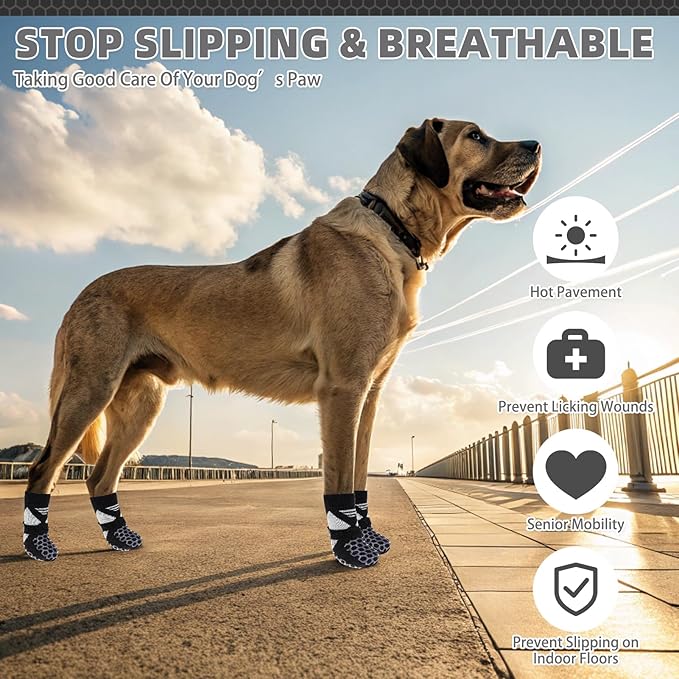 KOOLTAIL Dog Socks for Hot Pavement, Summer Breathable Dog Socks to Prevent Licking Paws, Non Slip Pet Boots &amp; Paw Protectors for Hardwood Floor,Grippy Shoes for Small Medium Large Senior Dogs,Black M