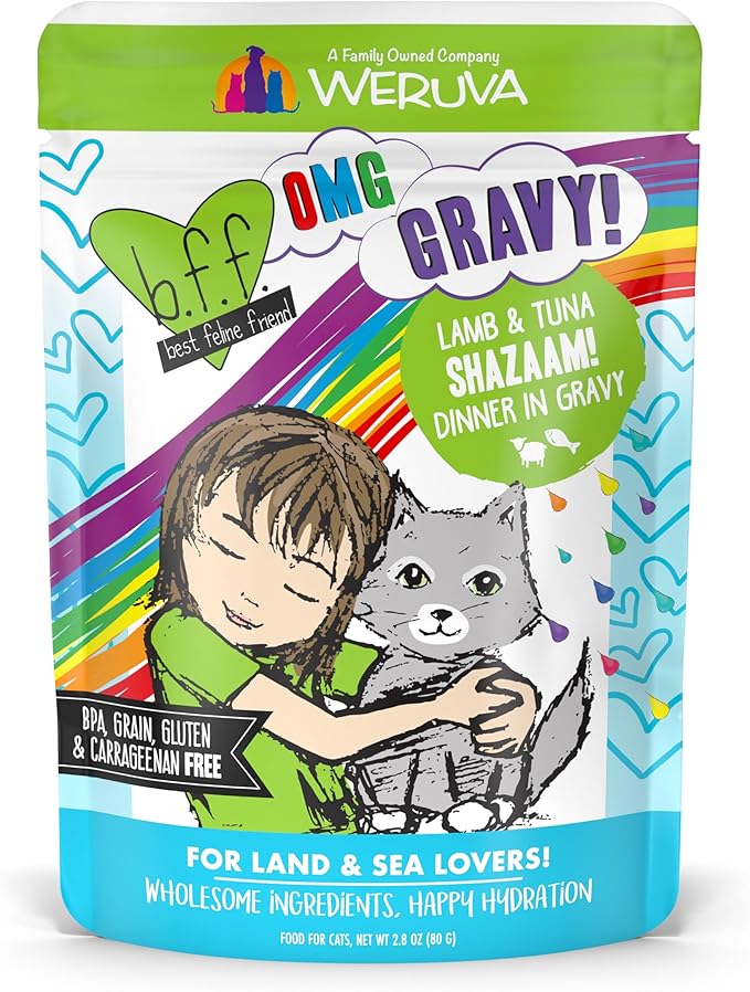 Weruva B.F.F. OMG - Best Feline Friend Oh My Gravy!, Shazaam! with Lamb &amp; Tuna in Gravy Cat Food, 2.8oz Pouch (Pack of 12)