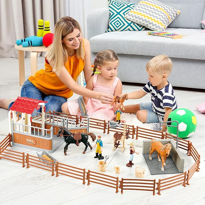 Peagrav Horse Stable Playset with Rider, Wash Area, Fence &amp; Animal Figures - Gifts for Girls &amp; Boys Aged 3-8