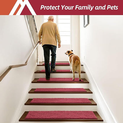 COSY HOMEER Edging Stair Treads Non-Slip Carpet Mat 28inX9in Indoor Stair Runners for Wooden Steps, Edging Stair Rugs for Kids and Dogs, 100% Polyester TPE Backing (10pc, Red)