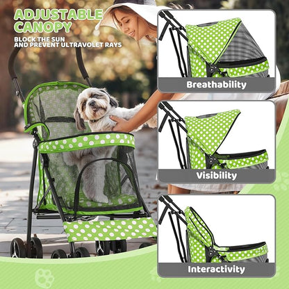 Magshion Compact Pet Stroller for Small-Medium Dogs/Cats up to 22lbs, 4-Wheel Lightweight Umbrella Shaped Portable Puppy Travel Jogger with Breathable Mesh &amp; Rear Storage, Lawn Green Polka Dots