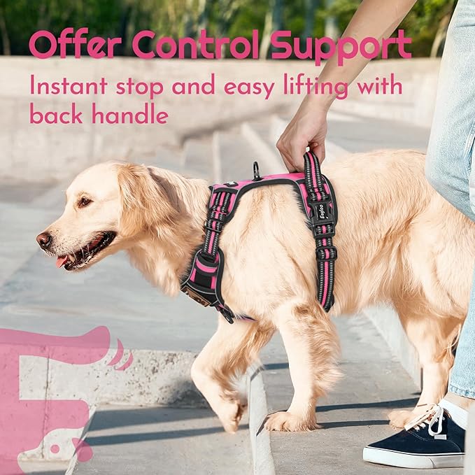 Eagloo Dog Harness for Large Dogs, Easy Wearing with 3 Buckles, Adjustable No Pull Pet Harness with 2 Rings for Walking, No Chock Reflective Soft Padded Vest with Control Handle, Pink &amp; Black, XL