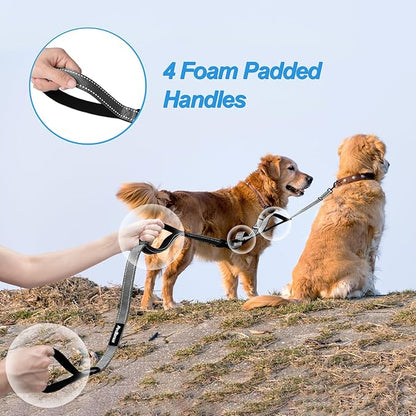 PetBonus Double Dog Leash, No Tangle Dual Leash, Reflective Walking Training Lead, 4 Comfortable Padded Handles for 2 Dogs with Collapsible Bowl and Waste Bags (Grey, Large)