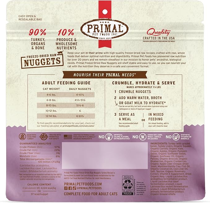 Primal Freeze Dried Raw Cat Food Nuggets Turkey, Complete &amp; Balanced Meal or Topper, Premium, Healthy, Grain Free, High Protein Raw Cat Food with Probiotics (5.5 oz)