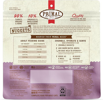 Primal Freeze Dried Raw Cat Food Nuggets Turkey, Complete &amp; Balanced Meal or Topper, Premium, Healthy, Grain Free, High Protein Raw Cat Food with Probiotics (5.5 oz)
