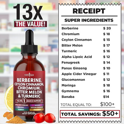Berberine with Ceylon Cinnamon Supplement Liquid Drops + Bitter Melon Extract, Glucomannan, Gymnema, Chromium, Turmeric, Panax Ginseng, Moringa- 4 OZ