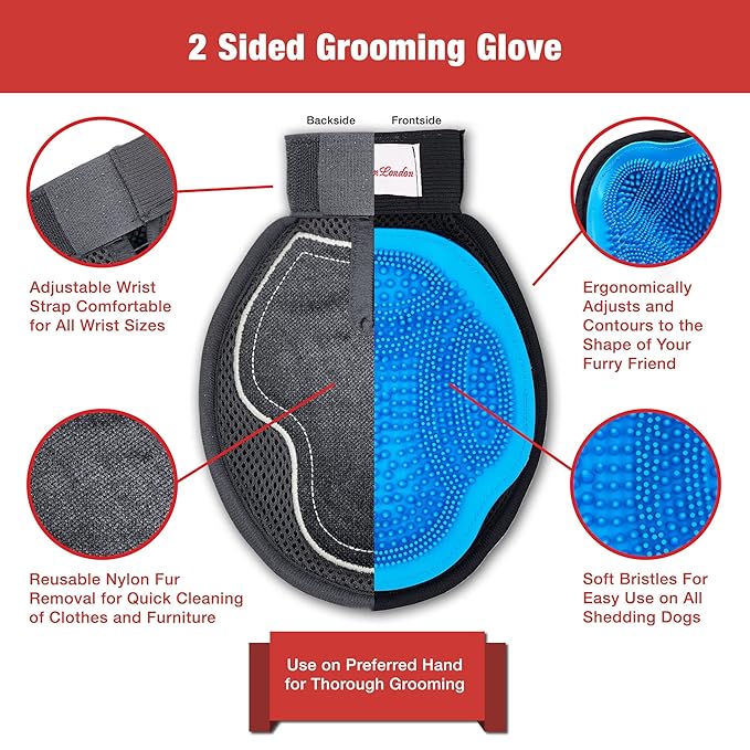 Warren London 2in1 Grooming Glove for Dogs &amp; Cats | Reversible Design Pet Brush with Smooth Side for Clothes &amp; Furniture | Soft Mitten Contours for Comb &amp; Massage