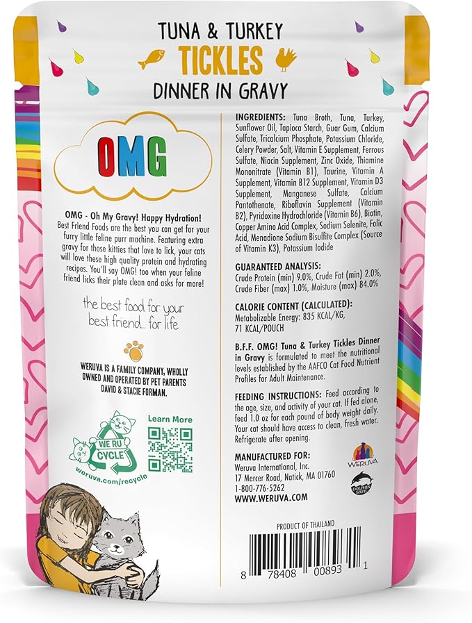 Weruva B.F.F. OMG - Best Feline Friend Oh My Gravy!, Tuna &amp; Turkey Tickles with Tuna &amp; Turkey in Gravy Cat Food, 3oz Pouch (Pack of 12)