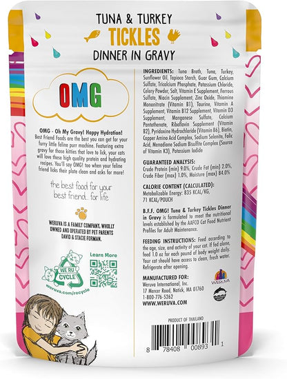 Weruva B.F.F. OMG - Best Feline Friend Oh My Gravy!, Tuna &amp; Turkey Tickles with Tuna &amp; Turkey in Gravy Cat Food, 3oz Pouch (Pack of 12)