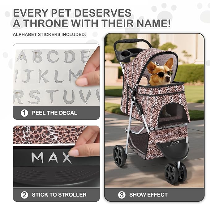 MoNiBloom 3 Wheels Pet Dog Cat Stroller for Small Medium Dogs Cats, Lightweight Foldable Jogger Stroller w/Storage Basket &amp; Cup Holder, Leopard Print