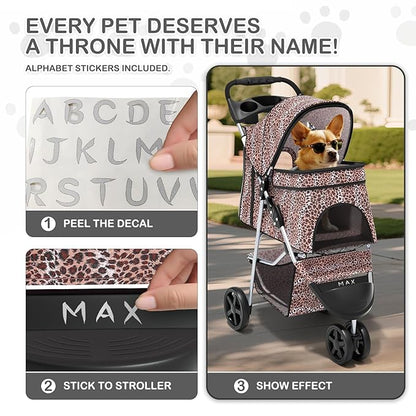 MoNiBloom 3 Wheels Pet Dog Cat Stroller for Small Medium Dogs Cats, Lightweight Foldable Jogger Stroller w/Storage Basket &amp; Cup Holder, Leopard Print