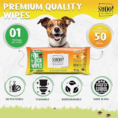 Shoo! Flea &amp; Tick Wipes for Dogs | Convenient, Easy On-The-Go Protection | Plant Based, Natural Oils, Chemical Free | Repels &amp; Prevents | 50 XL Wipes | (Citrus Burst)