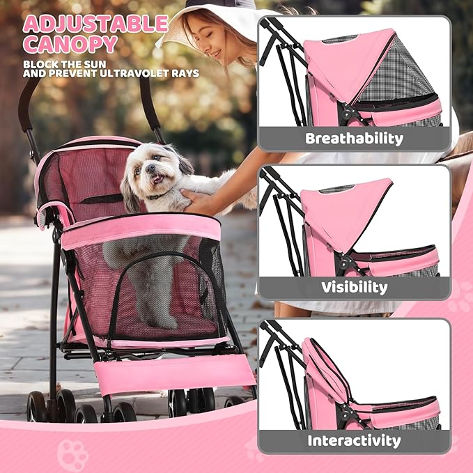 Magshion Compact Pet Stroller for Small-Medium Dogs/Cats up to 22lbs, 4-Wheel Lightweight Umbrella Shaped Portable Puppy Travel Jogger with Breathable Mesh &amp; Rear Storage, Pink