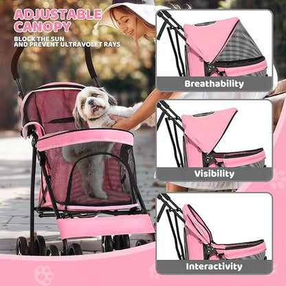 Magshion Compact Pet Stroller for Small-Medium Dogs/Cats up to 22lbs, 4-Wheel Lightweight Umbrella Shaped Portable Puppy Travel Jogger with Breathable Mesh &amp; Rear Storage, Pink