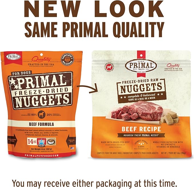 Primal Freeze Dried Dog Food Nuggets, Beef; Complete &amp; Balanced Meal; Also Use as Topper or Treat; Premium, Healthy, Grain Free, High Protein Raw Dog Food, 14 oz (Pack of 4)