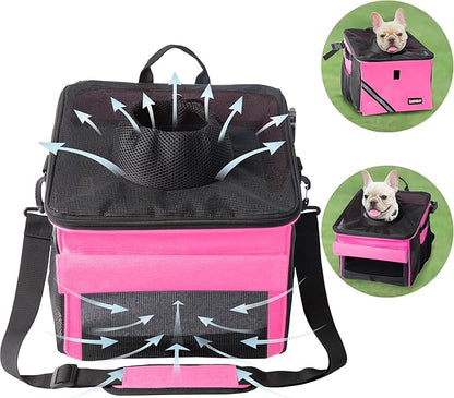 Pet Carrier Bicycle Basket Bag Pet Carrier/Booster Backpack for Dogs and Cats with Big Side Pockets,Comfy &amp; Padded Shoulder Strap,Travel with Your Pet Safety（Pink Carnation）