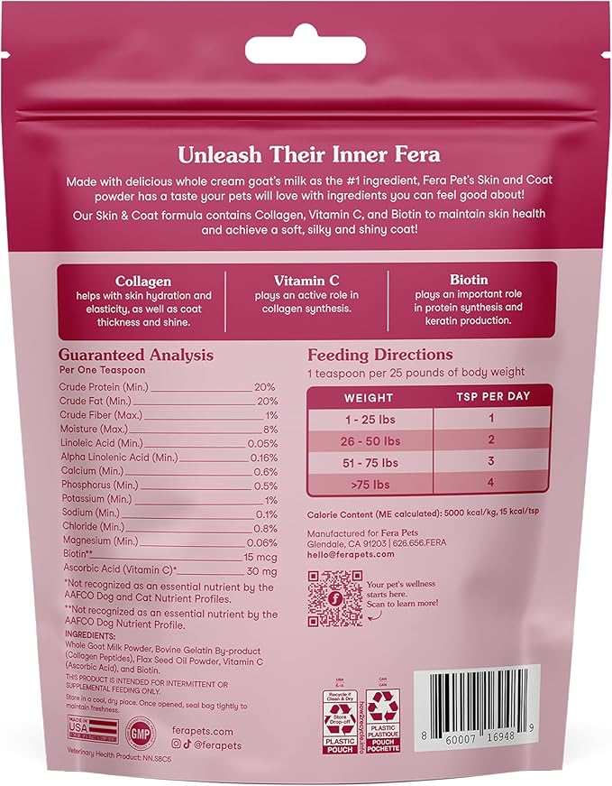 Fera Pets Goat Milk Topper - Cat &amp; Dog Skin and Coat Supplement with Collagen, Biotin &amp; Vitamin C - Helps Maintain Normal Skin Moisture - Promotes a Shiny Coat - for Picky Eaters - 60 TSP