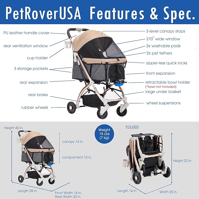HPZ-PR America Pet Rover Lite Premium Light-Weight Dog/Cat/Pet Stroller Travel Carriage with Convertible Compartment/Aluminum Frame for Small &amp; Medium Pets (Taupe 2nd-Gen.)