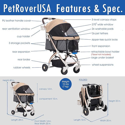 HPZ-PR America Pet Rover Lite Premium Light-Weight Dog/Cat/Pet Stroller Travel Carriage with Convertible Compartment/Aluminum Frame for Small &amp; Medium Pets (Taupe 2nd-Gen.)