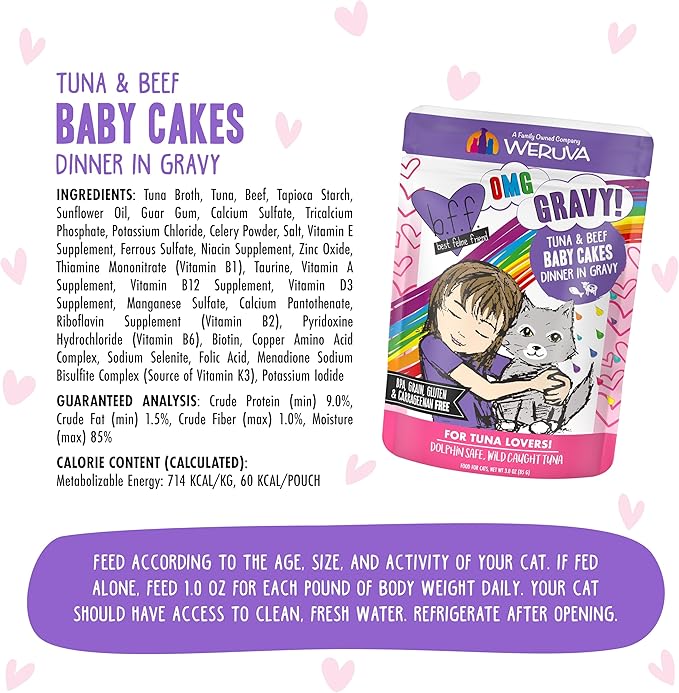 Weruva B.F.OMG - Best Feline Friend Oh My Gravy!, Tuna &amp; Beef Baby Cakes with Tuna &amp; Beef in Gravy Cat Food, 3oz Pouch (Pack of 12), Purple (0152)