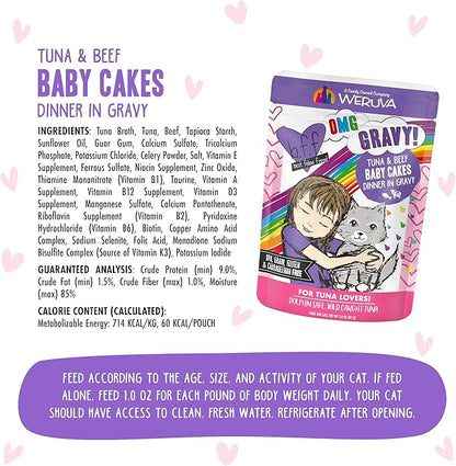 Weruva B.F.OMG - Best Feline Friend Oh My Gravy!, Tuna &amp; Beef Baby Cakes with Tuna &amp; Beef in Gravy Cat Food, 3oz Pouch (Pack of 12), Purple (0152)