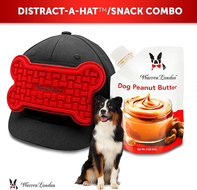 Warren London Hat/Snack Combo - Distract-A-Hat™ Grooming Distraction Tool + 8 oz All-Natural Roasted Peanut Dog Peanut Butter, Xylitol-Free Enrichment &amp; Anxiety-Relief, $42 Value for $34.99