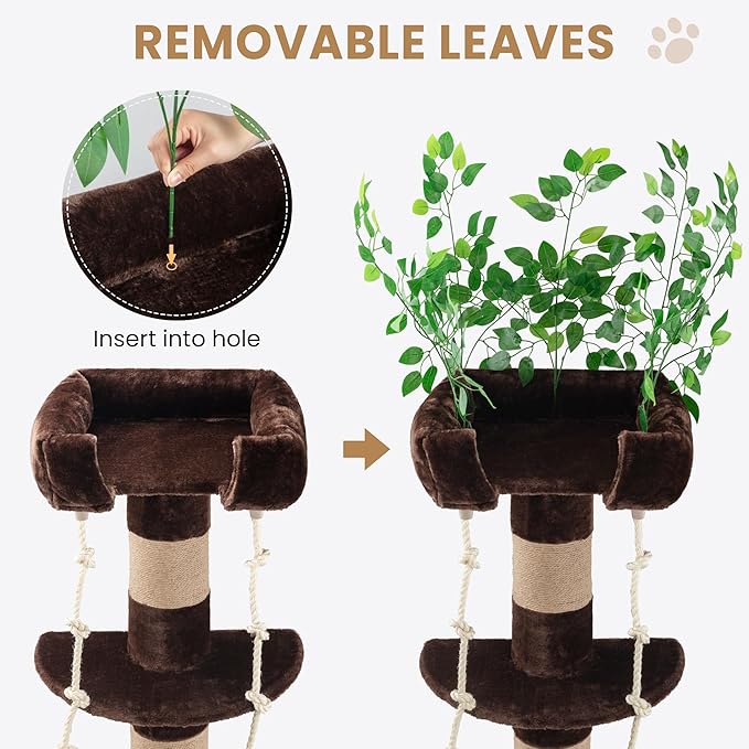 SHA CERLIN 55 Inches Cat Tree Tower with Leaves/Cozy Perches with Scratching Post for Indoor Kittens and Adults Cats/Sisal Rope and Simulated Lawn with Wide Base/Brown &amp; Green